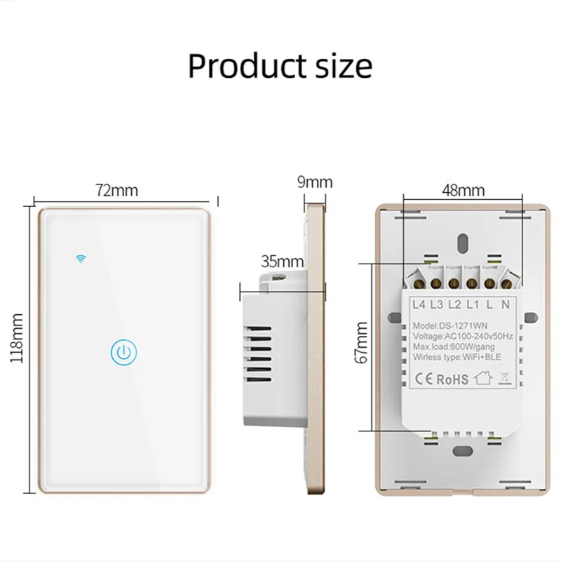 Tuya Smart US Standard 1/2/3/4 Gang Metal Bezel Wall Touch Switch App Remote Voice Control Wireless Switch Support Alexa Google