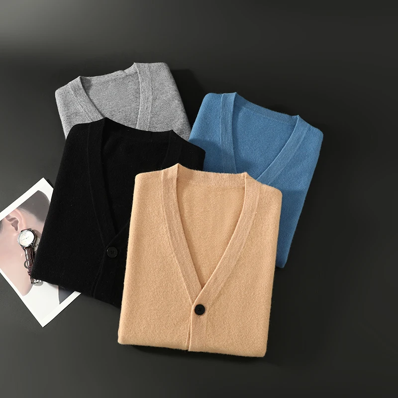 Men's Sweater Pure Wool Cardigan V-Neck Autumn And Winter New Color Blocked Loose Button Jacket Casual Business Men's Knittedtop