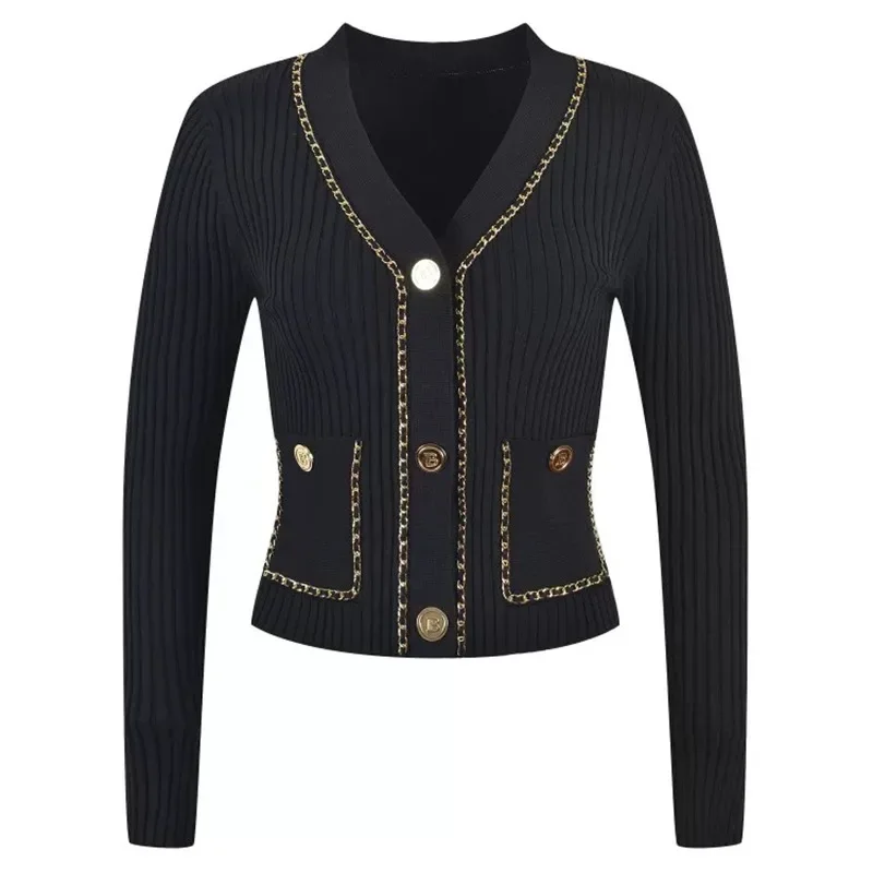 

Autumn and winter classic metal buckle everything matching sexy slim V-neck knitted cardigan thin coat