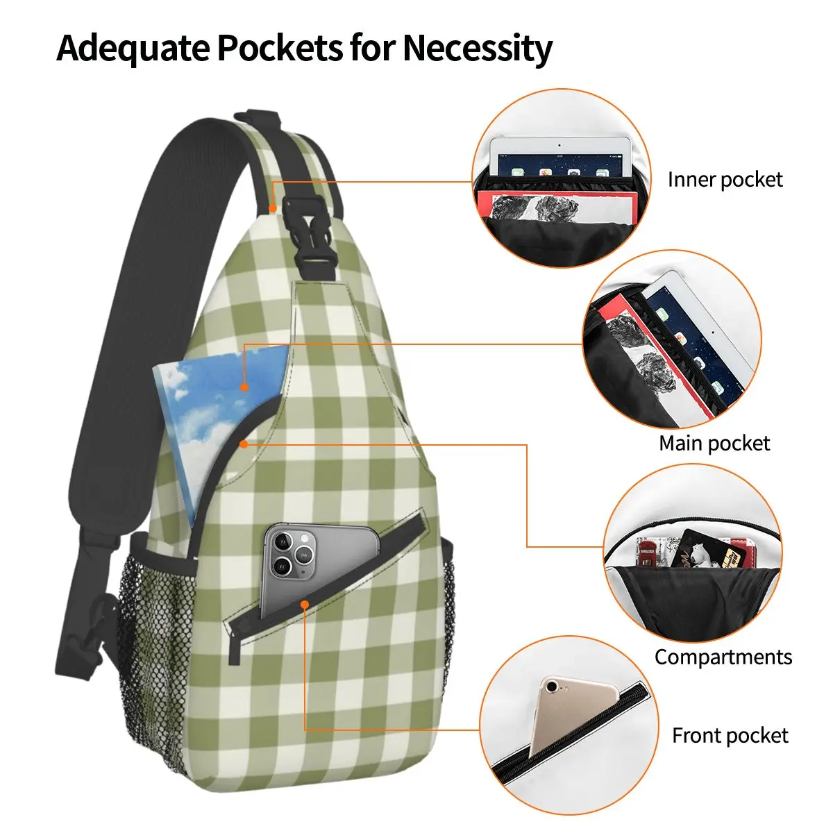 Gingham Checkered Aesthetic Small Sling Bag Chest Crossbody Shoulder Backpack Travel Hiking Daypacks Check Plaid Striped Fashion