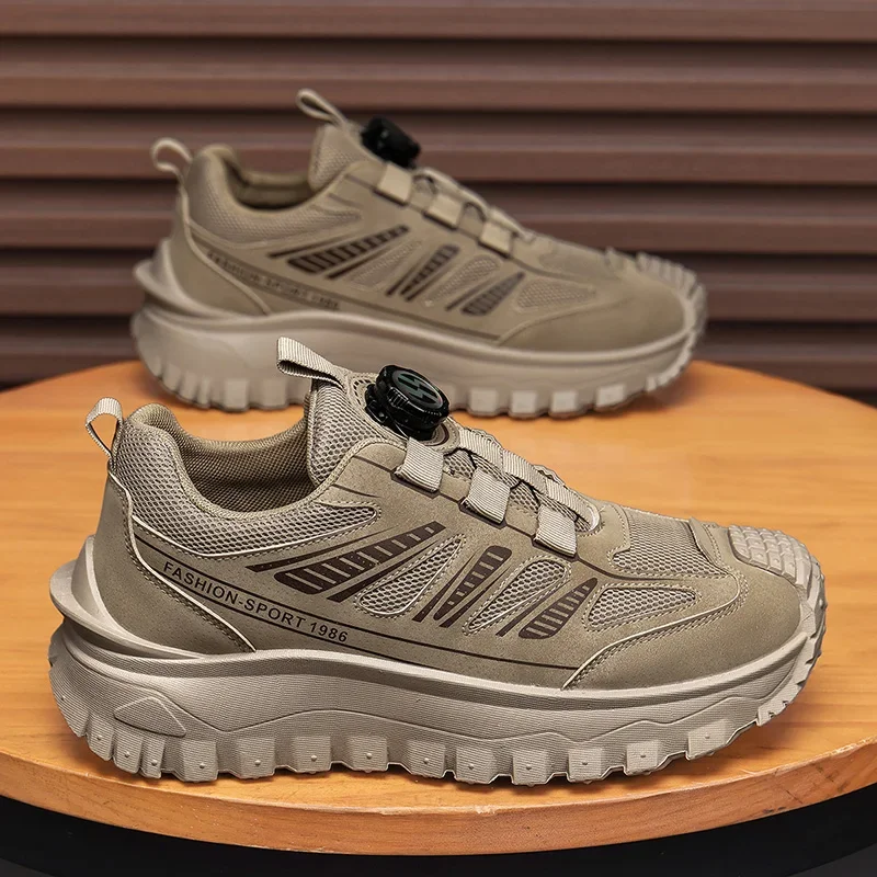 Men Sneakers Spring Summer Breathable Mesh Mixed Texture Dial Lacing System Chunky Sole Techwear Casual Shoes