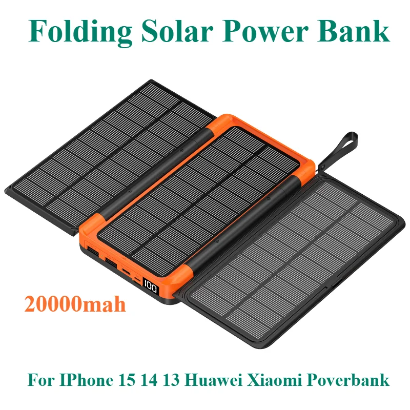 

For IPhone 15 14 13 Huawei Xiaomi Poverbank 20000mAh Folding Solar Power Bank with 3 Solar Panel Qi Wireless Charger Powerbank