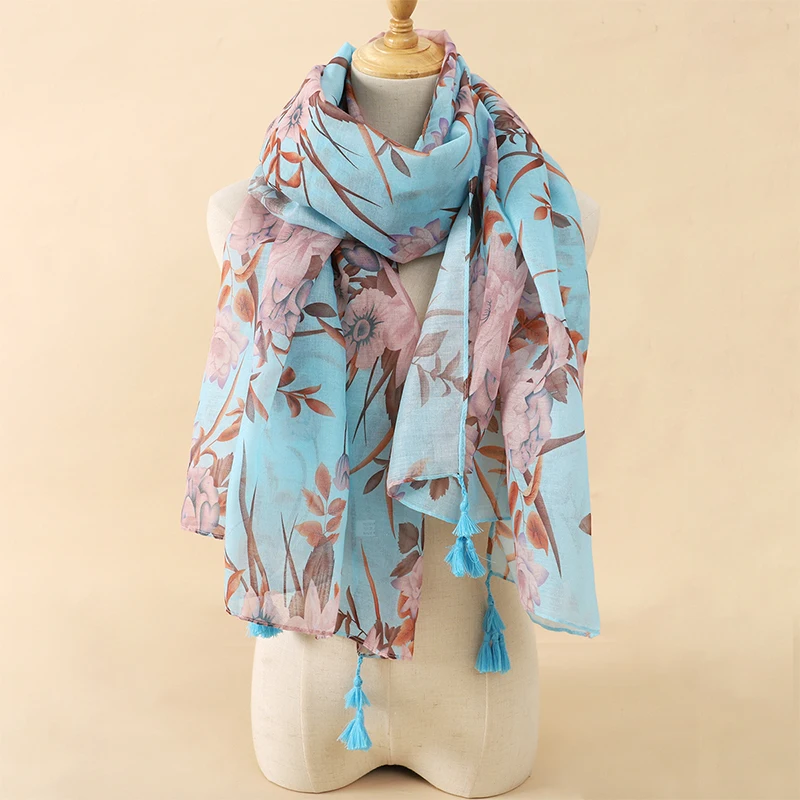 Soft Linen Cotton Scarf Shawls Women Luxury Premium Foulard Femme Art flower print Tassel Scarfs Scarves Echarpe