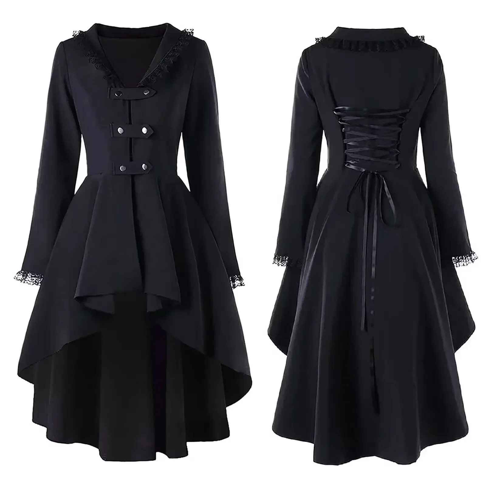 

Vintage Medieval Gothic Coat Women Lace Patchwork Bandage Trench Jacket Swallow Tail Outwear Halloween Carnival Dress Up Party