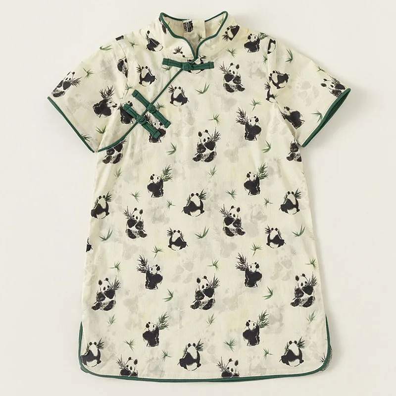 Summer Kids Girls Clothes Chinese Style Cheongsam Cartoon Cute Print Flowers Short Sleeve Cotton Toddler Dress Baby Dresses B175