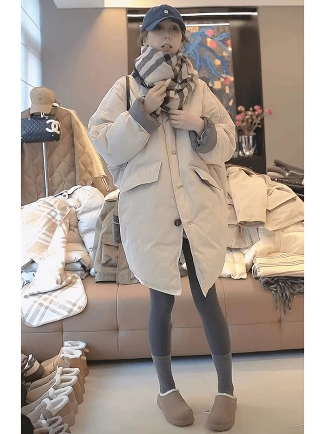 

Свободное корейское женское хлопковое пальто-жакет светло-бежевого цвета с воротником, длинное, комфортное, больших размеров, зимняя верхняя одежда, повседневный стиль