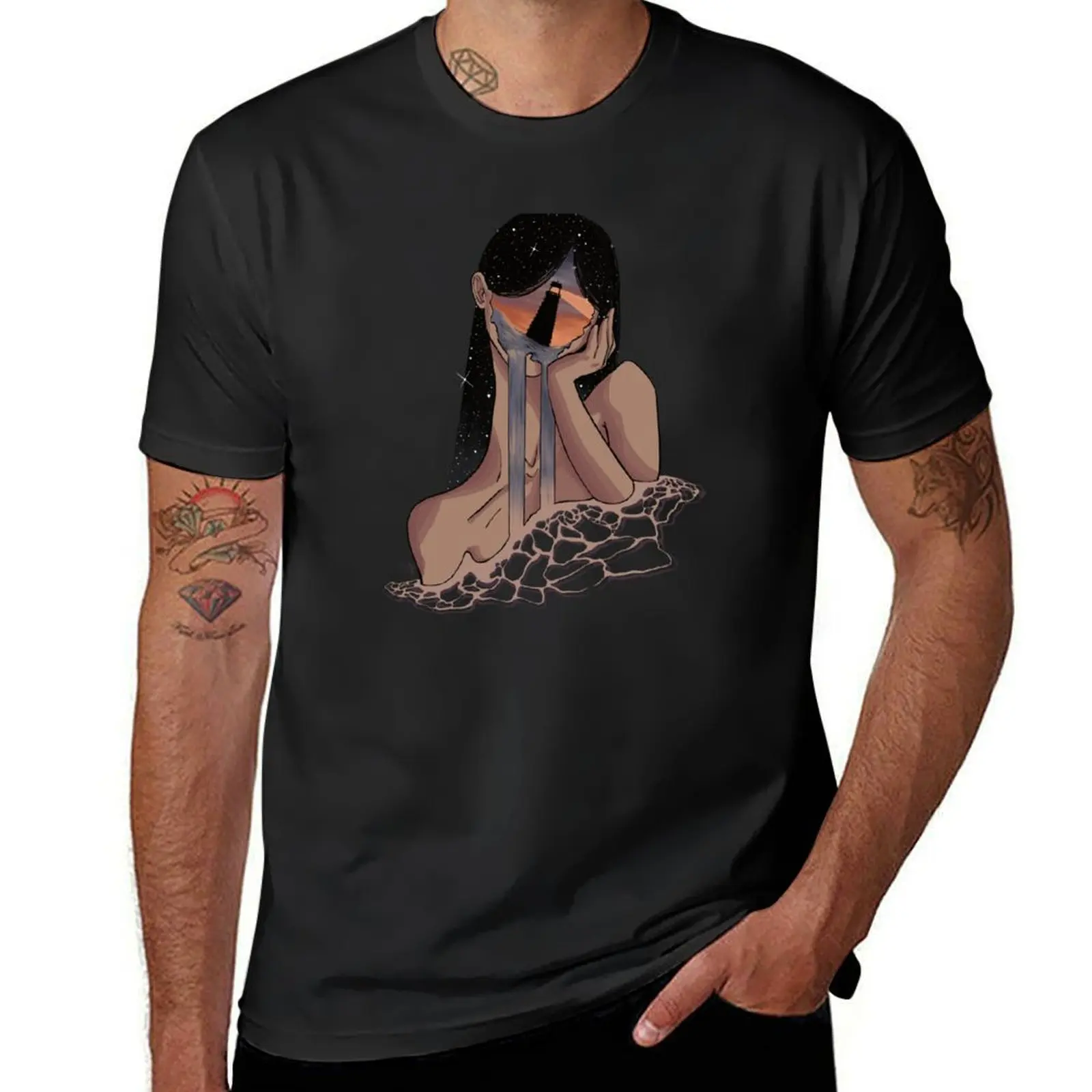 Lost- Digital Surreal Graphic with Faceless woman and Lighthouse T-Shirt vintage summer top Short sleeve tee t shirts men