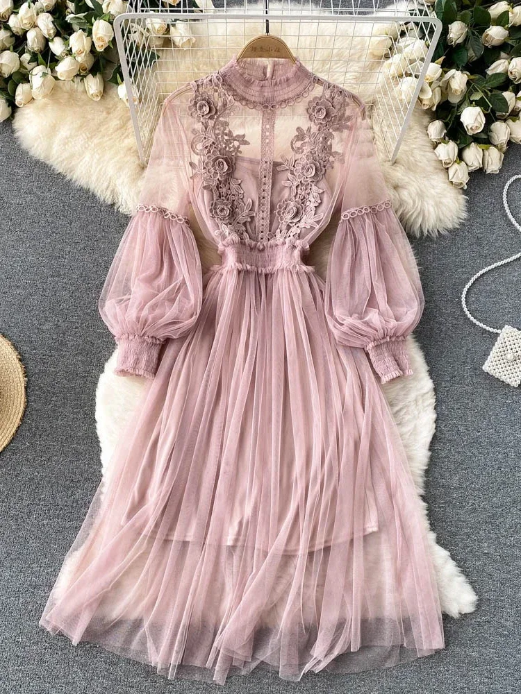 Ladies Dress Three-dimensional Flower Hook Mesh Temperament Stand Collar Lantern Sleeve High Waist Slim Female Dresses