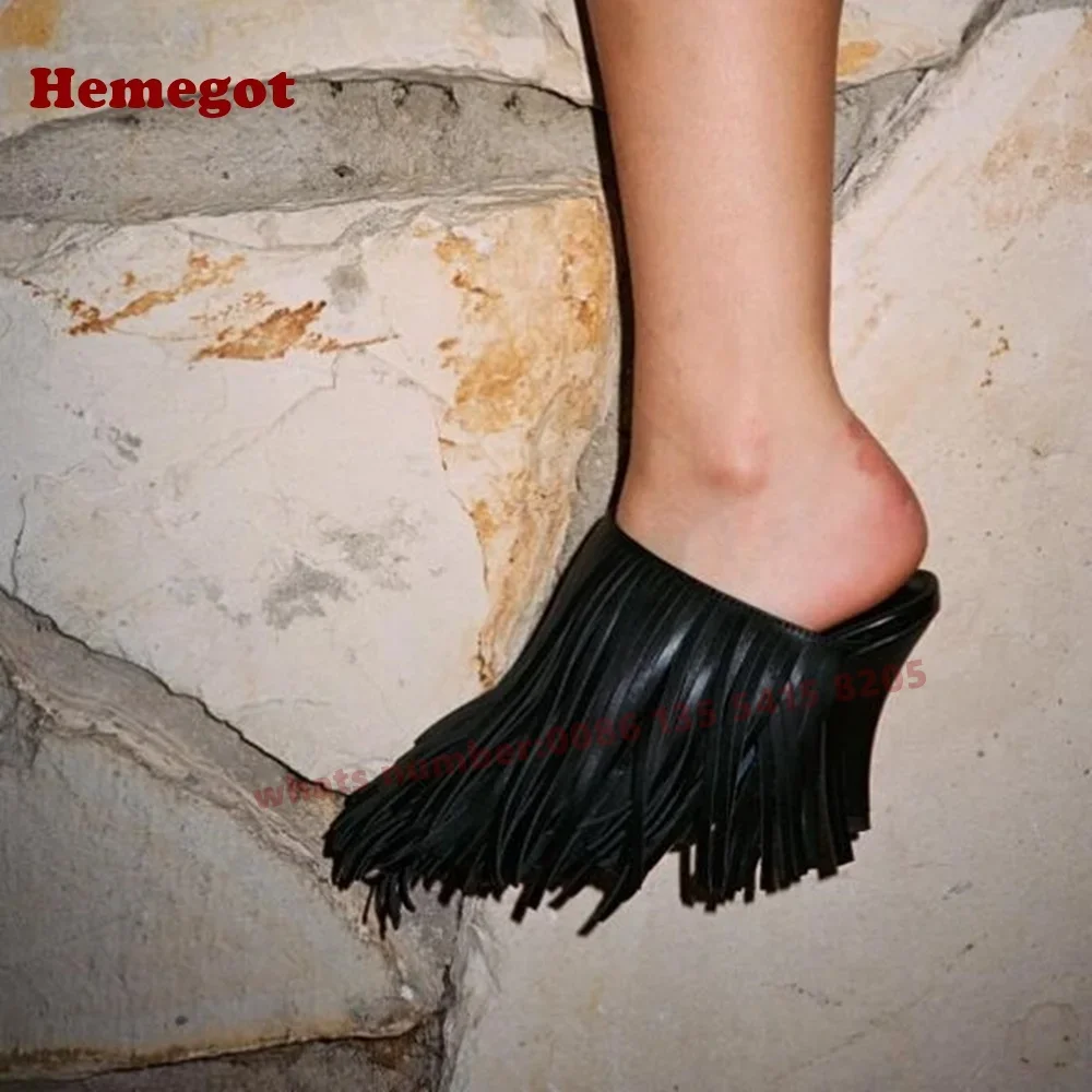 Black Tassel Stiletto Heels Slippers Round Toe Fringe Thin Slip On Women\'s Mules Leather Solid Summer Outside Casual Shoes Sexy