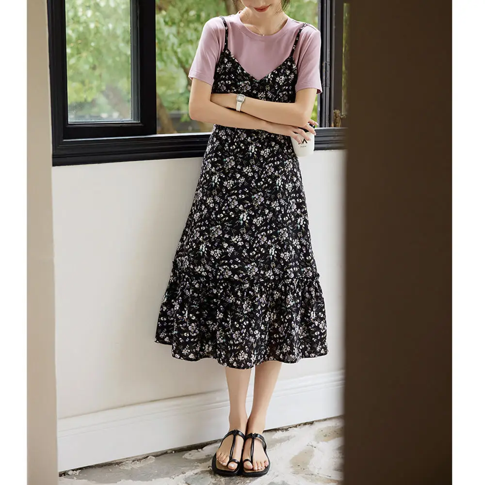 세련되고 다재다능한 가짜 투피스 스플라이스 프린트 서스펜더 여름 새 꽃무늬 반팔 A라인 드레스