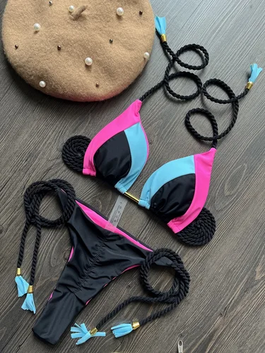 Imagen 1 del producto RUOTONSEPT-Conjunto de Bikini con empalme liso para mujer, traje de baño Sexy, traje de baño con cuerda trenzada, traje de baño triangular, bikinis brasileños