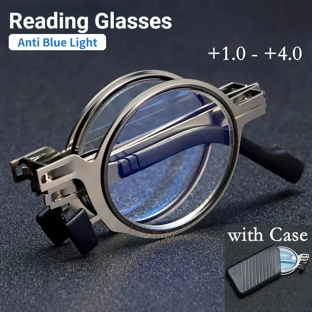 

Blue Anti-Light Reading Glasses Men Metal Foldable Presbyopia Spectacles Frame Cooling Glasses with Case +1.0 +2.0 +3.0 +4.0