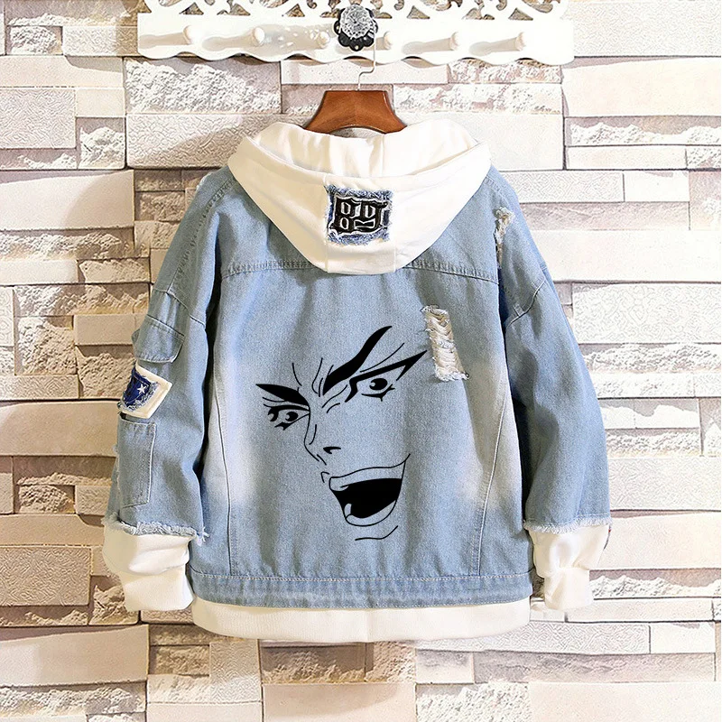 Trendy Anime Surrounding JOJO Bizarre Adventure Denim Jacket Queen Fake Two-piece Thin Retro Denim Jacket Spring Autumn Tops