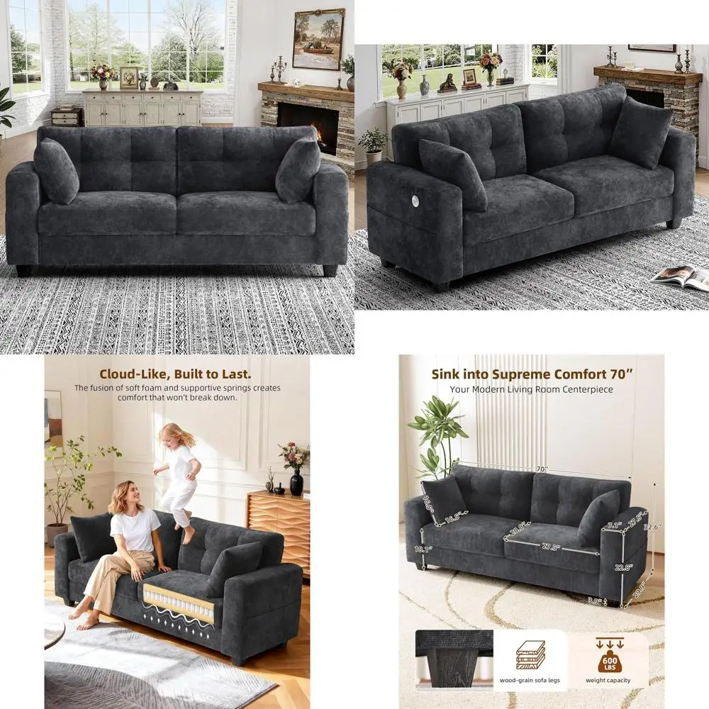 

70-серый двухместный диван со съемными чехлами из синели, широкими подлокотниками, боковыми карманами, портами USB/Type-C, простая сборка