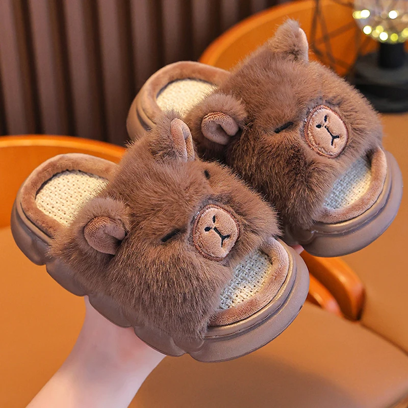 Lovely Capibala Linen Slippers for Children Four Seasons Thick Bottom Non Slip Home Slides Woman Comfortable Soft Sole Slippers - view 5