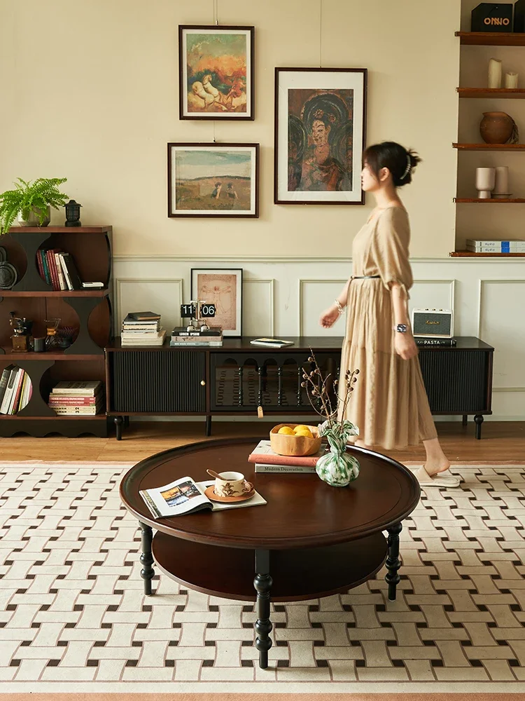 طاولة القهوة الفرنسية الرجعية الخشب الصلب شقة صغيرة غرفة المعيشة طاولة القهوة المستديرة #3