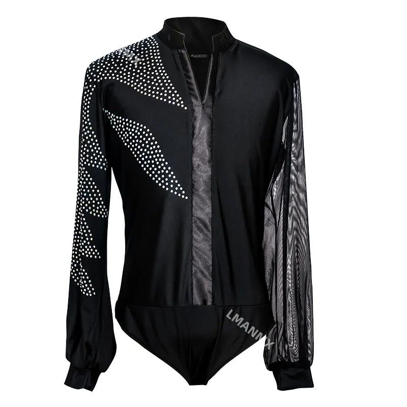 Latin Dance Shirts Men Rhinestone Net Yarn Long Sleeve Competition Men's Dance Top Rumba Samba Dancewear Mens