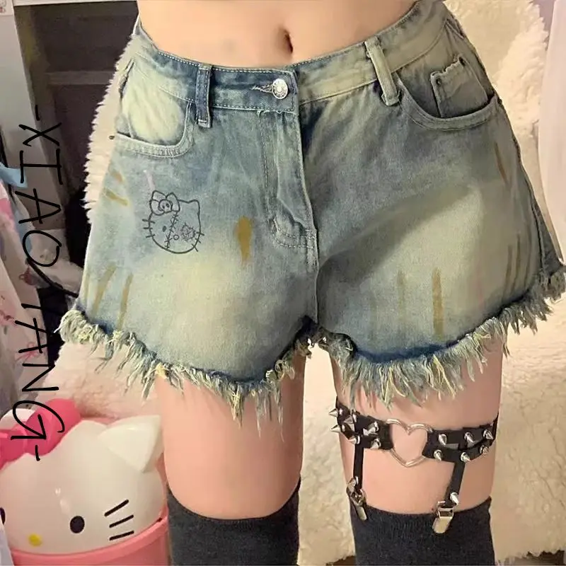 سانريو مرحبا كيتي أنيمي النمط الأمريكي الصيف الرجعية السراويل عالية الخصر اليابانية الحلو لطيف فتاة الترفيه واسعة الساقين الدنيم السراويل #2