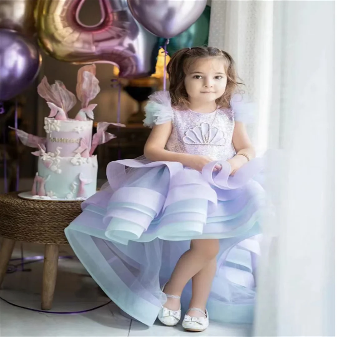 Vestido de niña de flores en capas azul y morado para boda, perlas, lentejuelas, volantes, sirena, fiesta de cumpleaños para niños, primera comunión