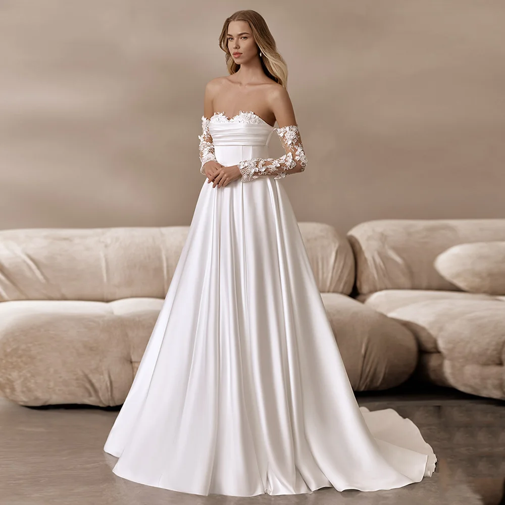 Abito da sposa elegante staccabile maniche lunghe innamorato fiore applique piega una linea abito da sposa per donna sposa Vestido Noiva