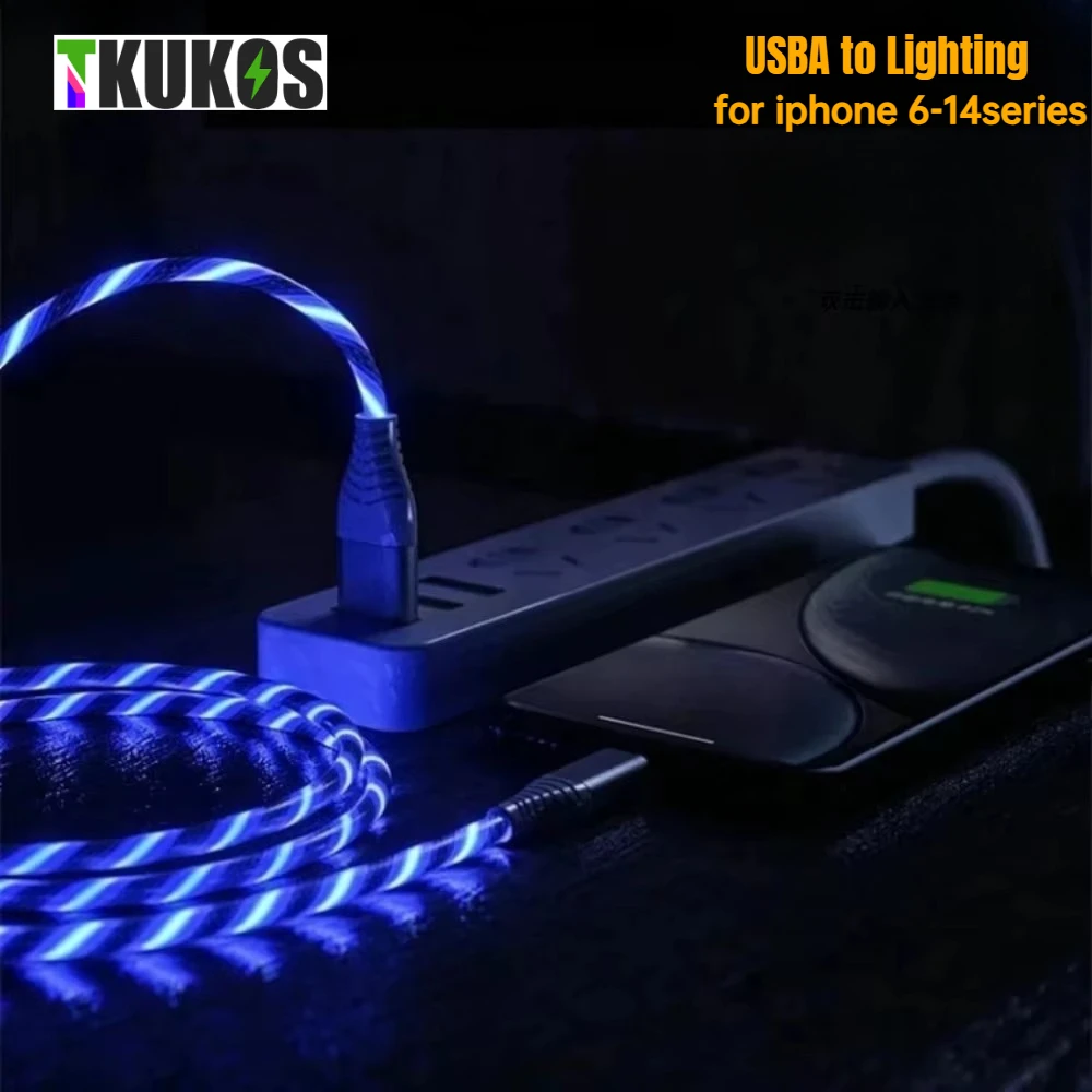 Flow Luminous LED Charging Cable 2.4A Fast Charging USB A For iPhone 11 Pro 14 13 12 X XR USB Wire LED Cable Glowing Cable 1m 2m