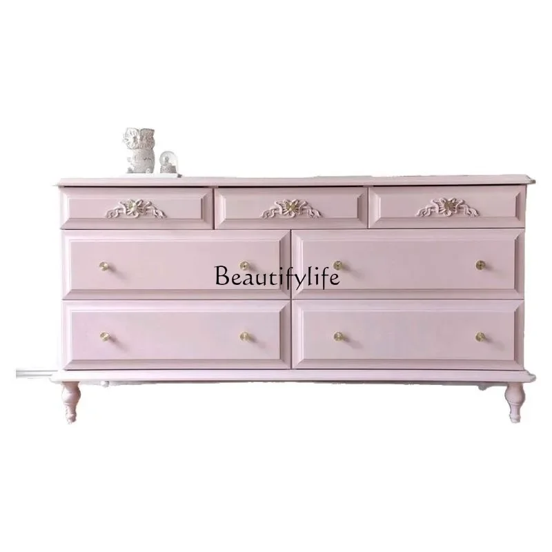 Z.Solid wood carving flower porch TV cabinet modern simple pink storage bedroom locker