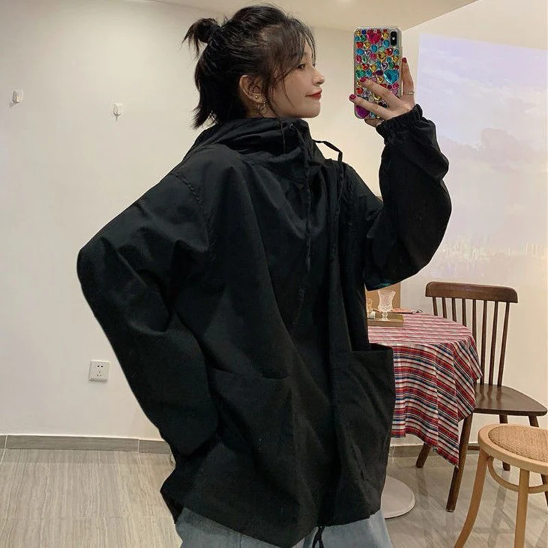 Women's Oversized Hooded Windbreaker Jacket Casual Loose Fit Plus Size Up To 120kg Korean Style Mid Length Streetwear Cool Coat