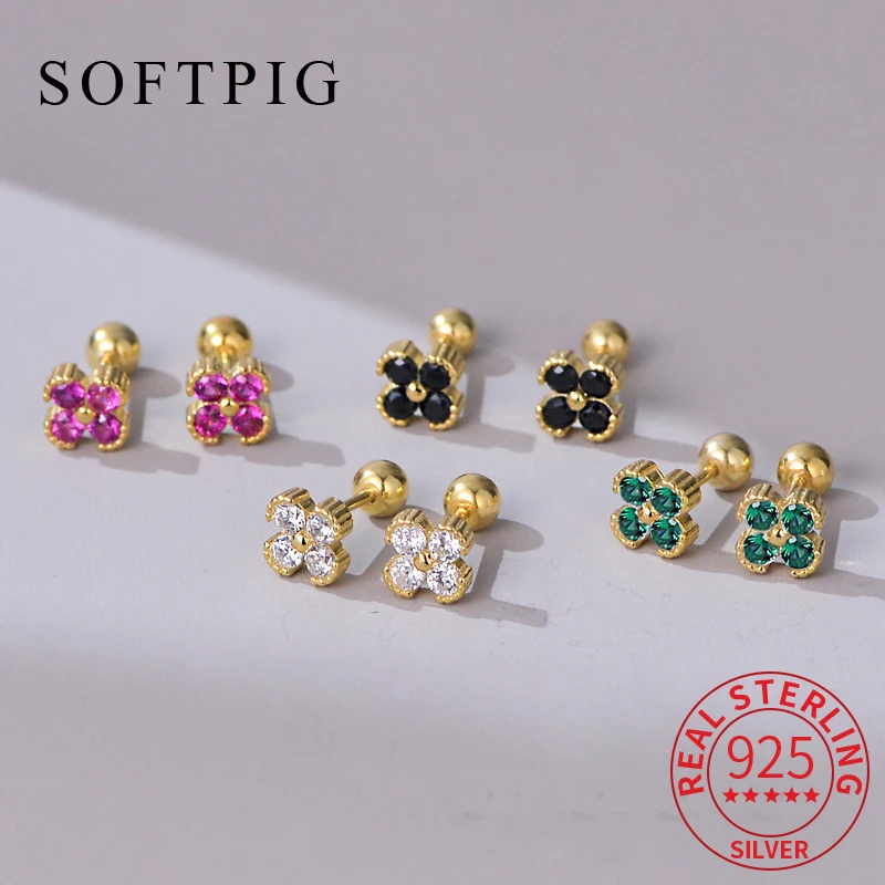 

SOFTPIG Real 925 Sterling Silver Piercing Screw Bead Zircon Mini Stud Earrings for Women Fine Jewelry Light Luxury Accessories