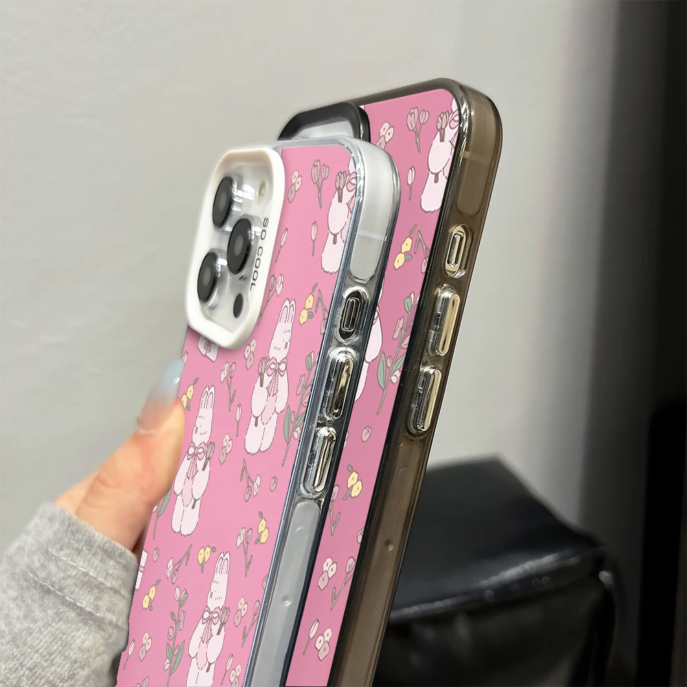 Full-blown Flowers Bunny Cute Pink Fashion Phone Case for iPhone 16 12 13 14 15 11 Max Pro Plus Laser IMD Color Shell image 5