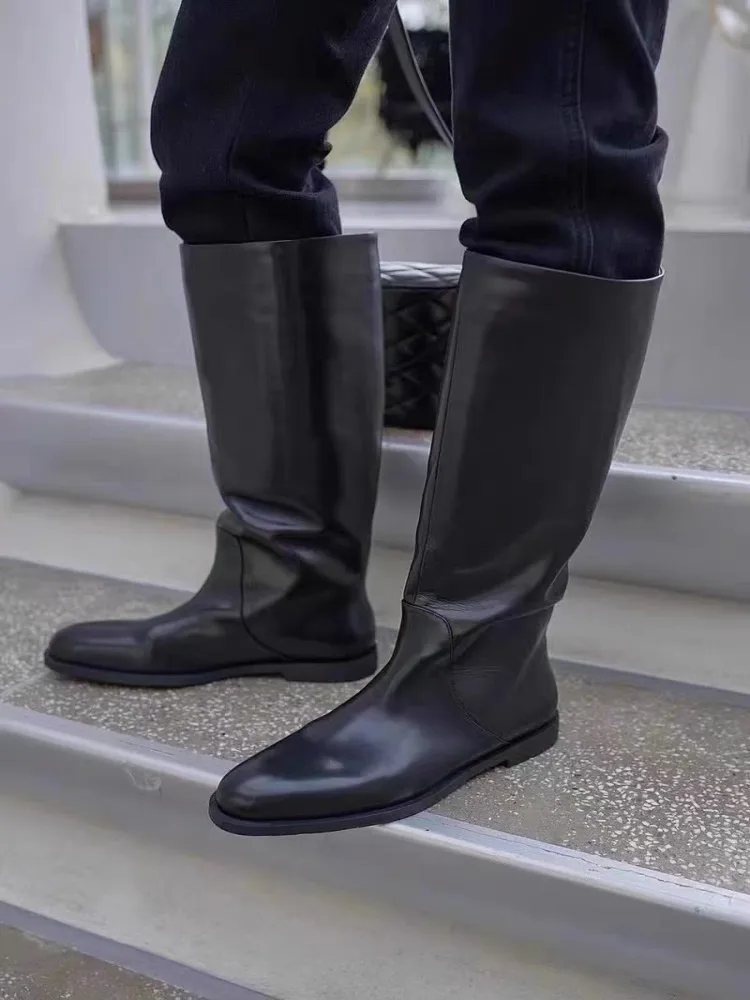Top Quality Office Ladies Black Cowhide Mid-Calf Boots Below Knee Women Real Leather Boots Low Heel Slip-On Pointed Toe Footwear