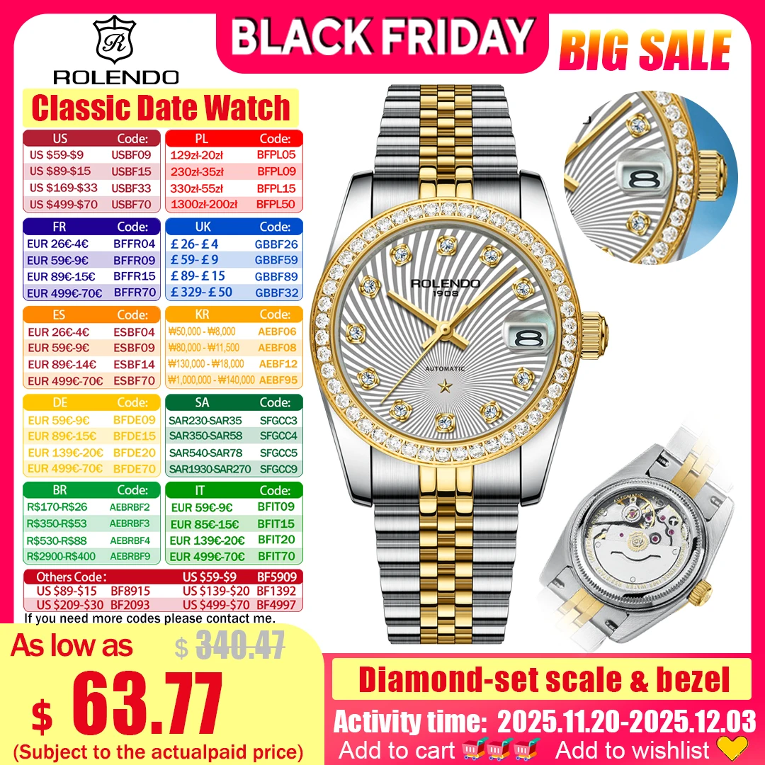 

ROLENDO Classic Date Watches for Woman 32mm Sapphire Crystal 30ATM Butterfly Buckle Gold Luxury Diamond-set Automatic Wristwatch
