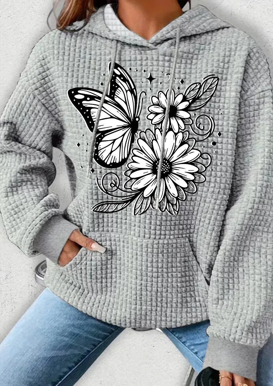 

Plus Size Women Clothing Waffle Knit Tops For Women Two Flower Butterfly Print Oversize Hoodies for Women With Pocket Sweatshirt