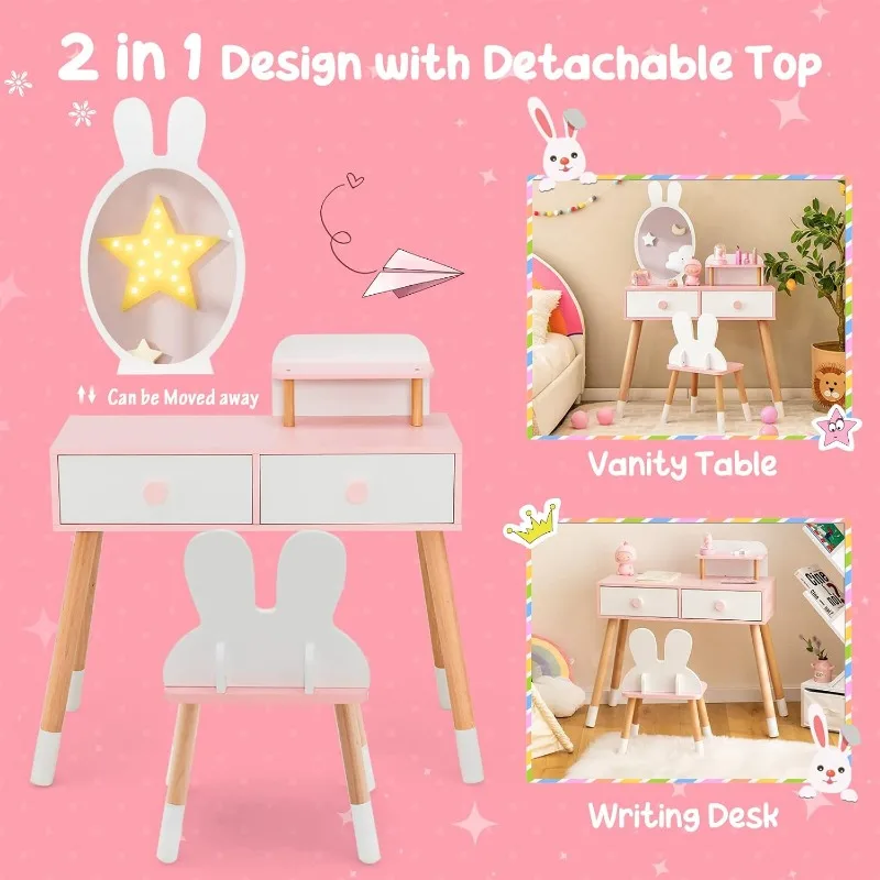 Ensemble de vanité en bois avec miroir et tabouret pour enfants, table en spanTable de maquillage princesse pour les tout-petits, 2 grandes fermetures à proximité, blanc