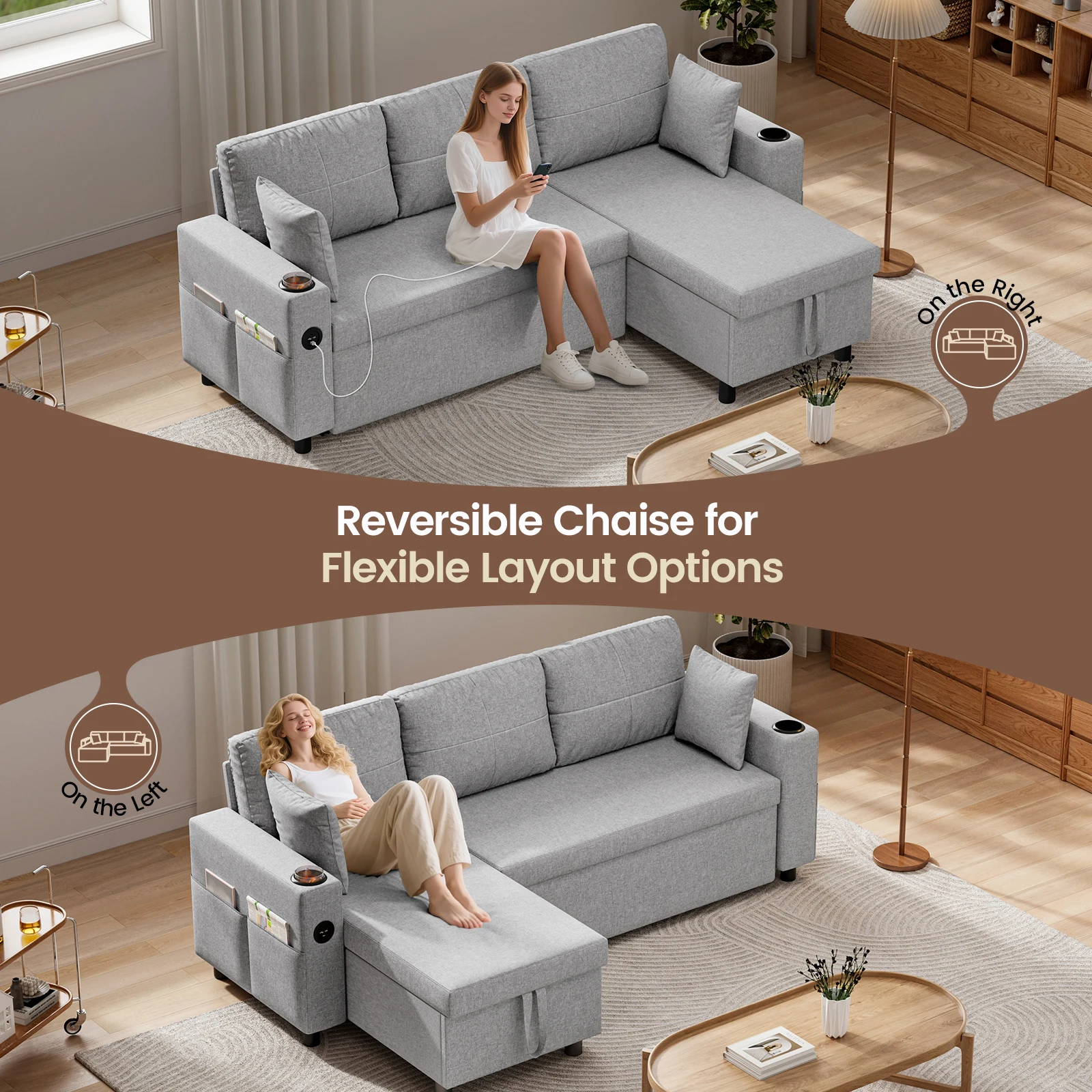 أريكة سرير، سرير أريكة على شكل حرف L، 3 في 1 أريكة مقطعية مع منافذ USB ونوع C وحاملين أكواب، أريكة زاوية قابلة للتحويل #6