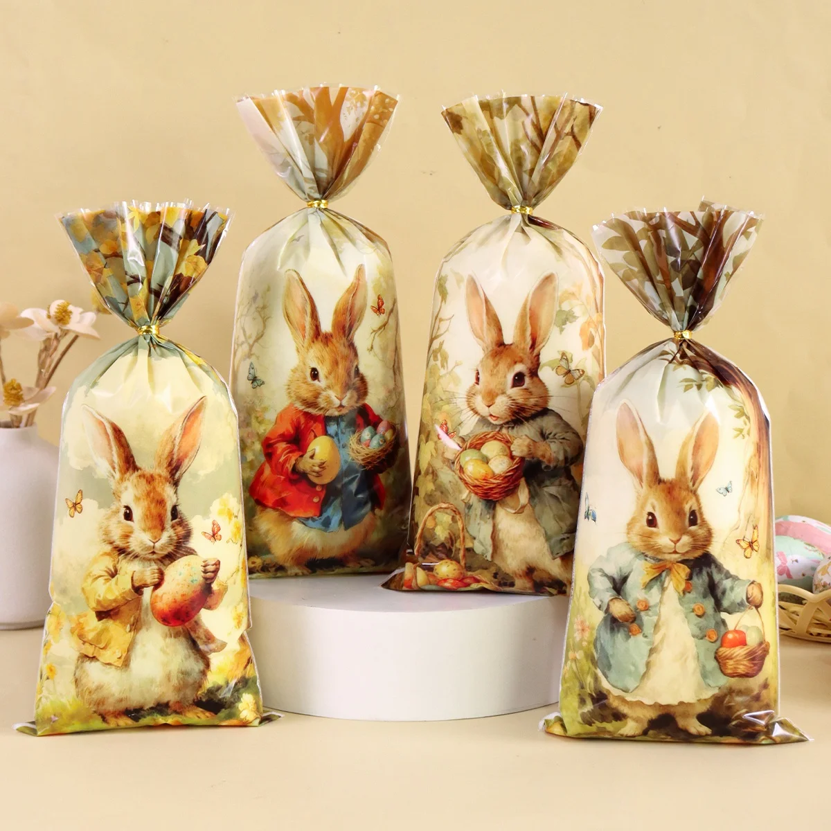 25/50/100 Uds. Bolsas de regalo de Pascua felices, bolsas de dulces de celofán de conejo para fiesta de cumpleaños de Pascua, bolsas de golosinas para fiesta de primavera