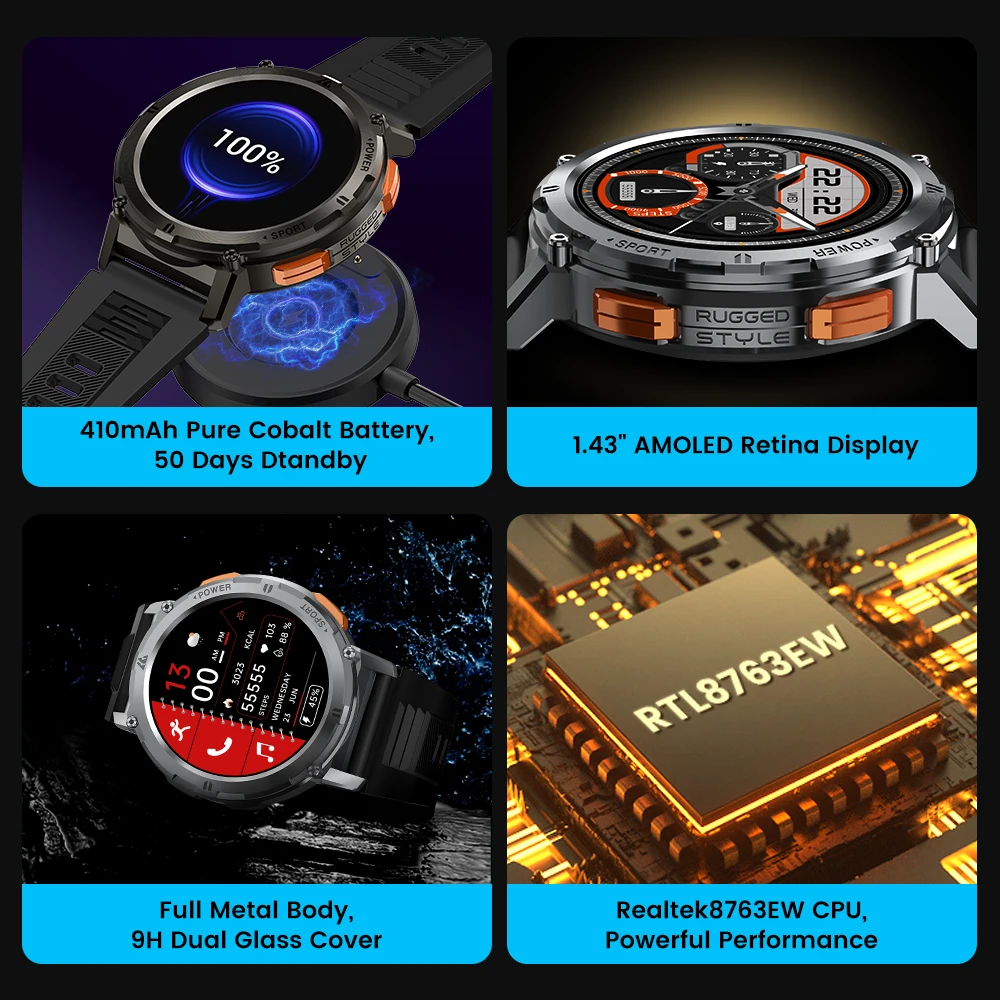 Original AMAZTIM TANK T2 Military Smart Watches Men AMOLED Bluetooth IP69K Waterproof AI Voice Assistant Women Smartwatch Ultra