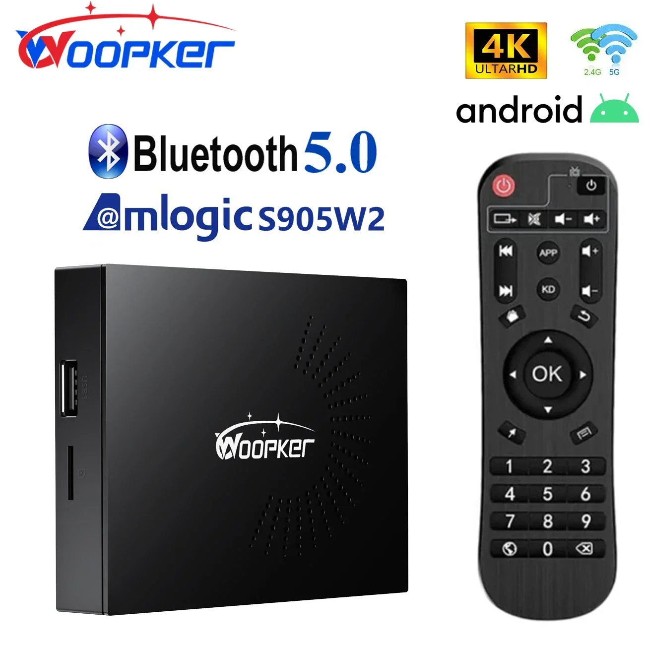 Woopker ATV TV Box Kw2 Android 14 Amlogic S905W2 Support Google AV1 2.4&5G Wifi BT 2G16G 4G32G 64G Smart TV Box DC 5V2A USB 2.0