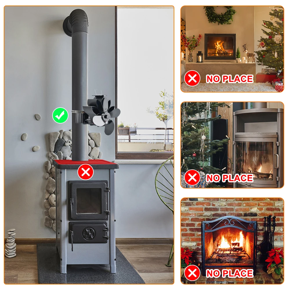 Wood Stove Fan Heat Powered Non-Electric Lotus Shaped Heat Distribution 4-Blade Silent Flue Pipe Hanging Fireplace Fan with Mag