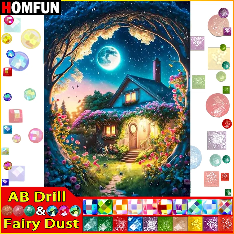 

HOMFUN Фея Пыль AB Полная Алмазная Вышивка "Пейзаж Дом Луна" Алмазная Картина Узоры Горный Хрусталь Незаконченный Домашний Декор