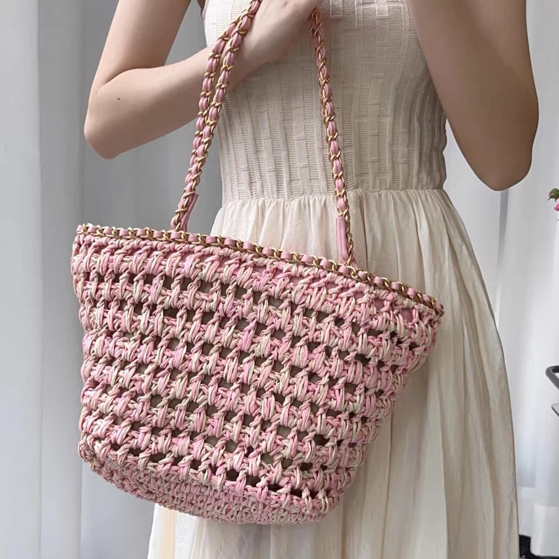 Lady Bucket Bags For Women Handbag And Purse Luxury Designer 2023 New In Papyrus Weave Hollow Out Decoration Chain Trim Shoulder