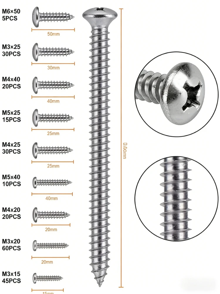 235Pcs Self Tapping Screw set ,304 Stainless steel Cross Round Phillips Pan Head Tapping Screw M3M4M5M6*/15/20/25/40/50 for wood