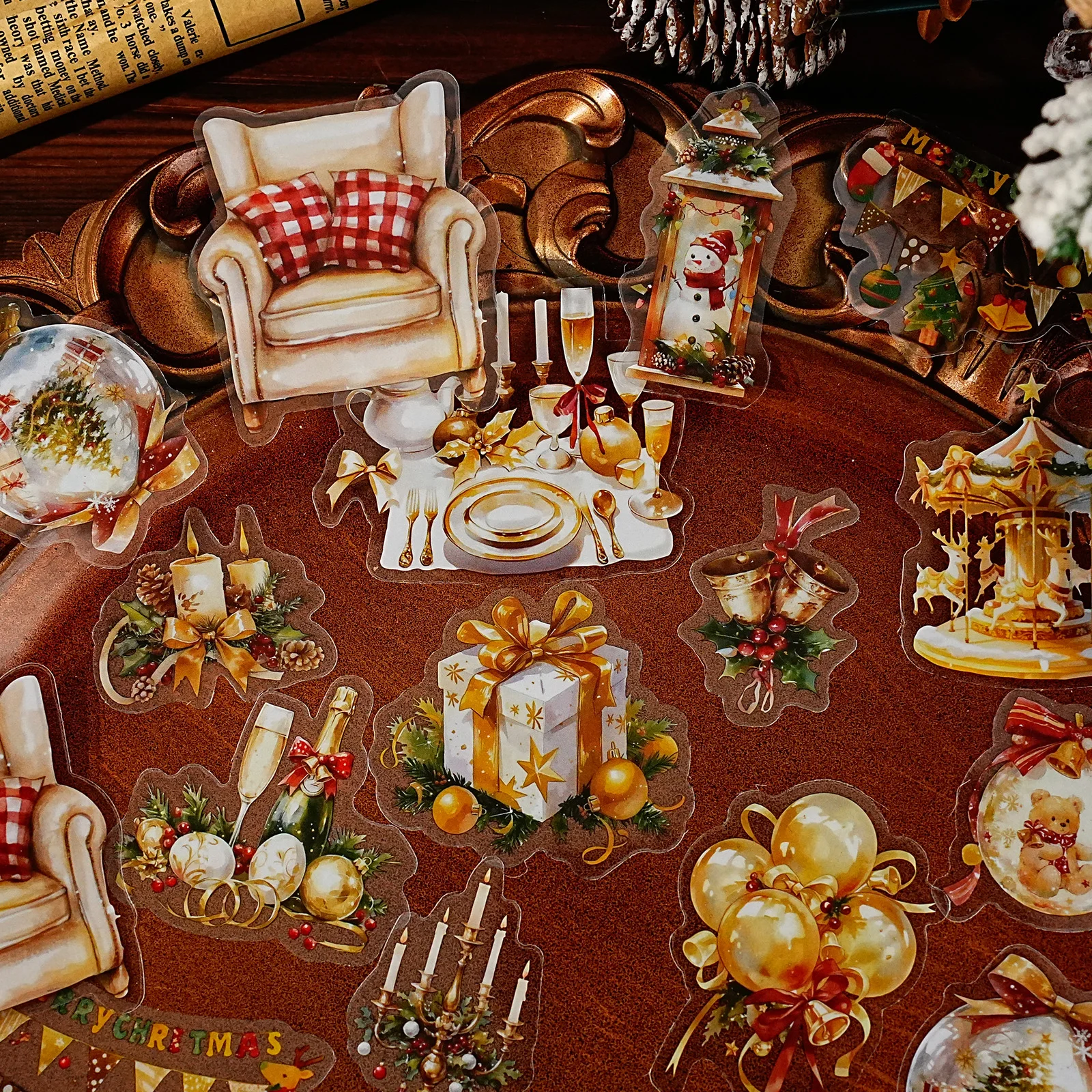 15 قطعة من ملصقات دفتر الملاحظات الذهبية لعيد الميلاد السعيد، ألبوم الصور، عطلة الحفلات، ديكور المنزل، ملصقات الألعاب