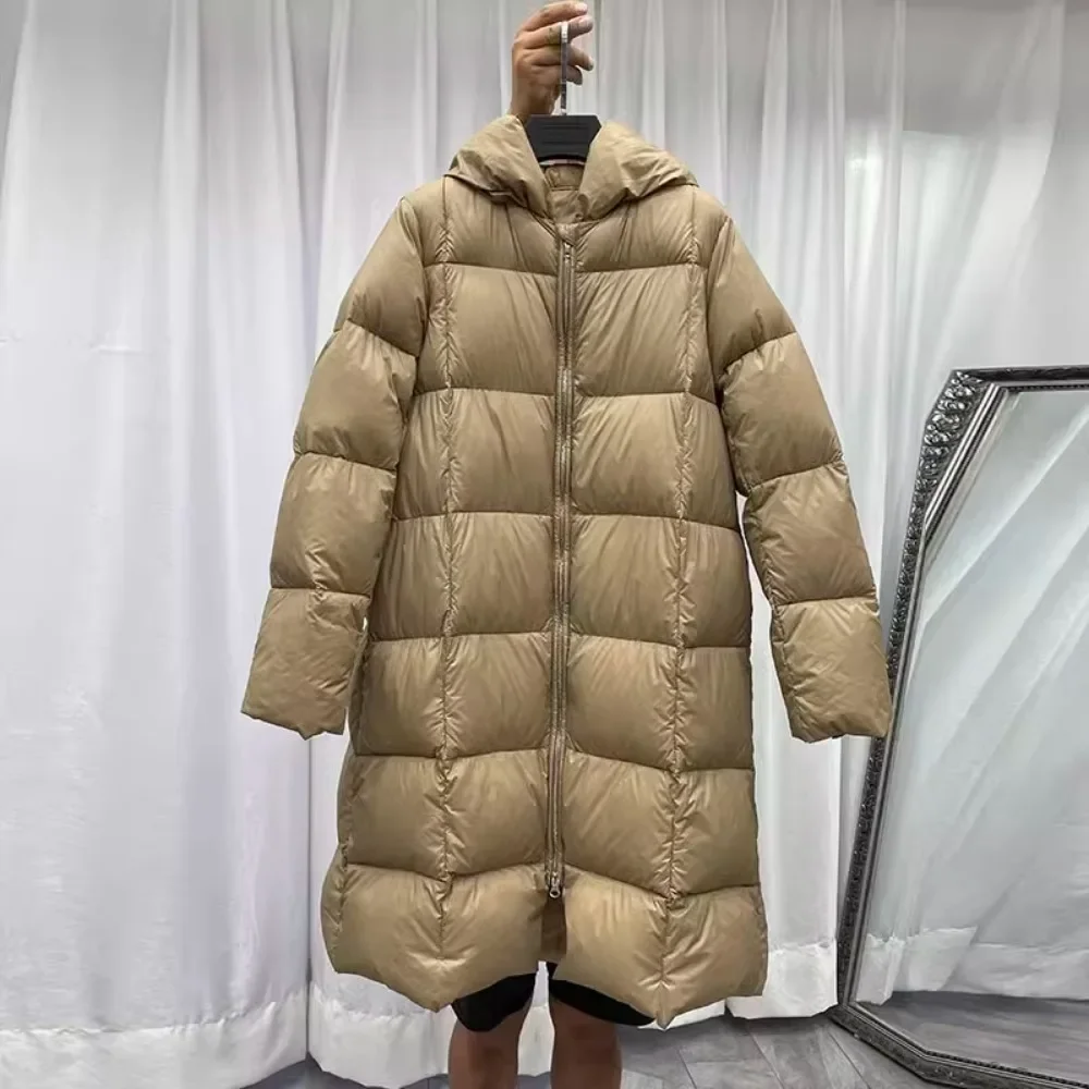 Vintage Women Hooded 90% White Duck Down Jacket Loose Casual Thicken Down Jacket 2024 Winter Solid Color Double Zipper Down Coat