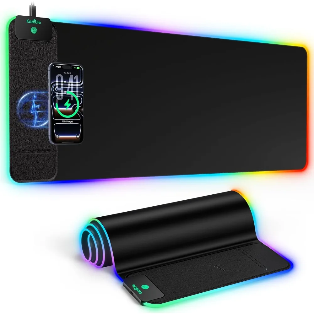 15W Wireless Charging Gaming Mousepad with RGB Lights, Large XL Desk Mat, Non-Slip Base, Waterproof for Gaming and Office