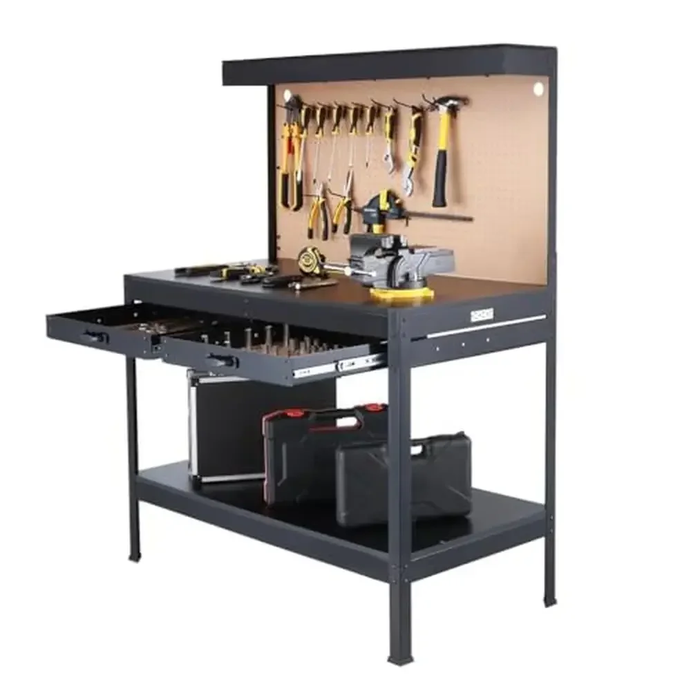 

Steel Workbench with Lighting and Storage Solutions 500lbs Capacity Stable Construction Impressive Load-Bearing Energy-Efficient