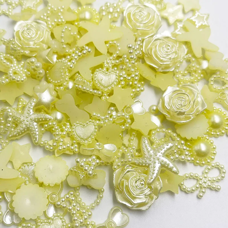 100pcs Yellow ABS Resin Half Round flower Bow Alien Pearls For Art Flatback Non Hotfix Rhinestones Pearl Shoes Beads DIY