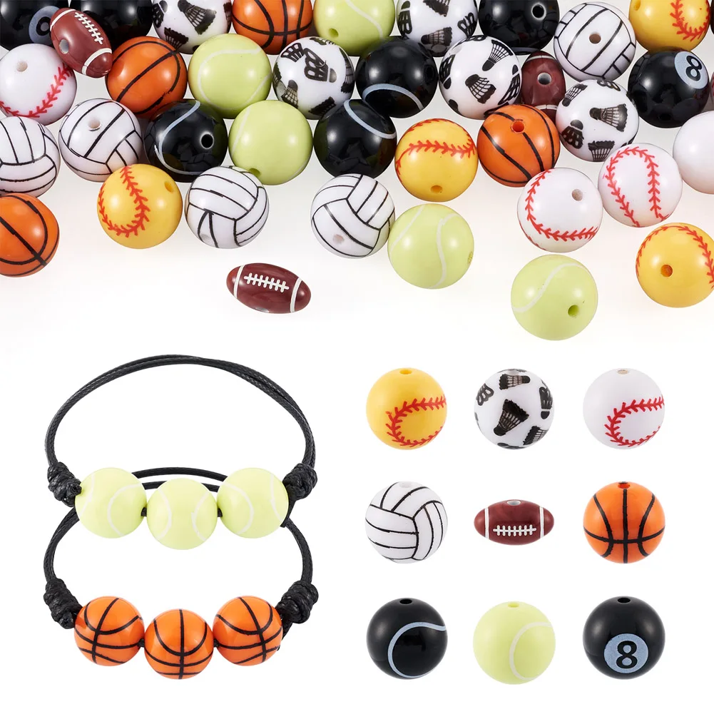 

54Pcs/Box Sport Theme Opaque Acrylic Beads Ball Rugby Basketball Loose Beads for Jewelry Making Necklace Bracelet Accessories