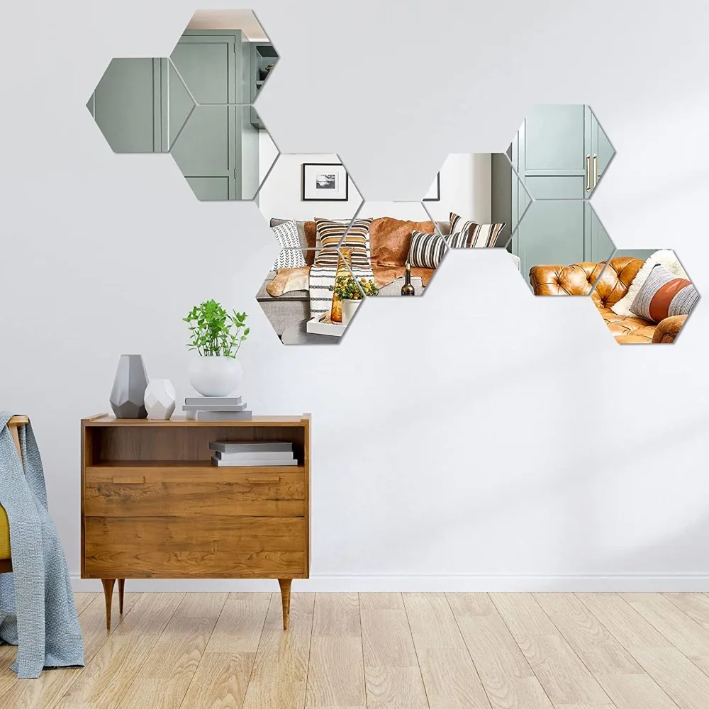 12pcs Acrylic Hexagon Mirror Wall Sticker with Protective Film Silver Acrylic Mirror Decal Hexagon 3.15×2.76×1.57in