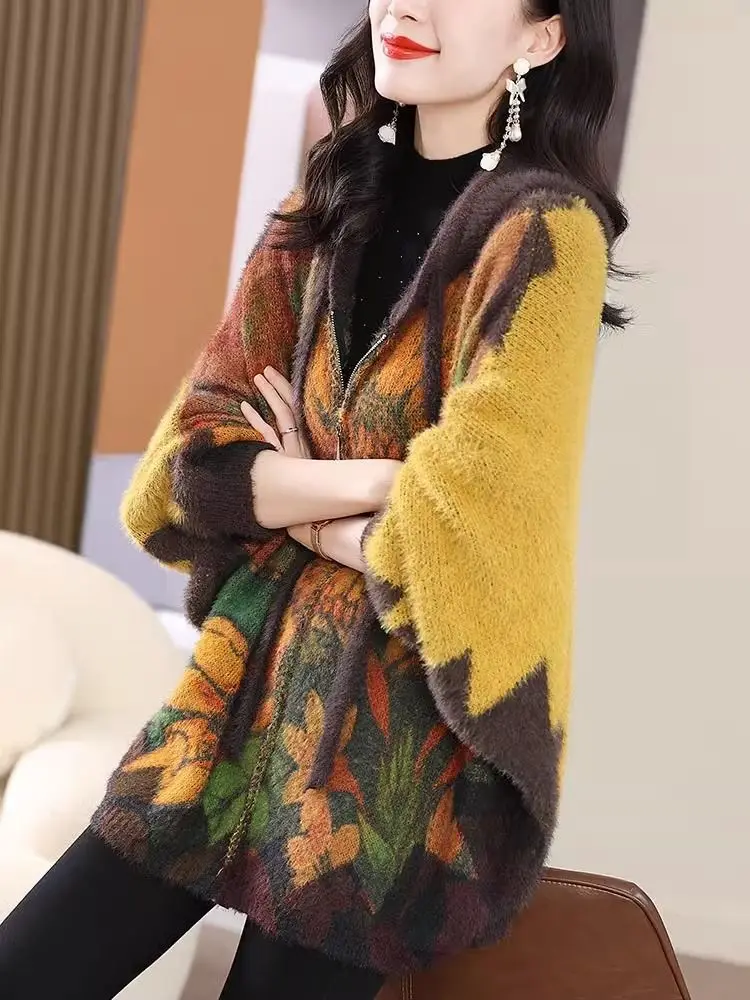 

Осенний новый высококачественный вязаный кардиган с принтом в стиле ретро для женщин, свободный вязаный кардиган с капюшоном и рукавами «летучая мышь» средней длины, женская одежда