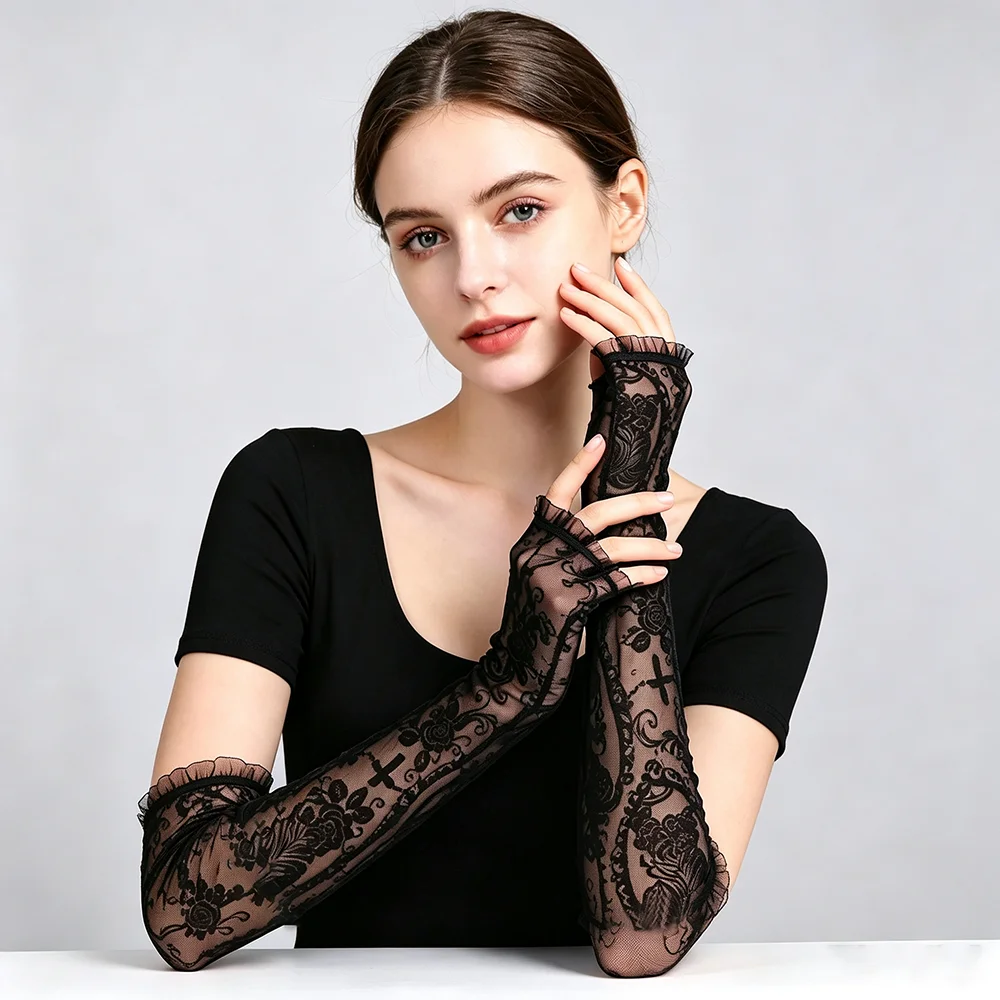 40cm Women Halloween Black Transparent Lace Mesh Skeleton Cross Flowers Long Half Finger Gloves Cosplay Fingerless Arm Sleeve